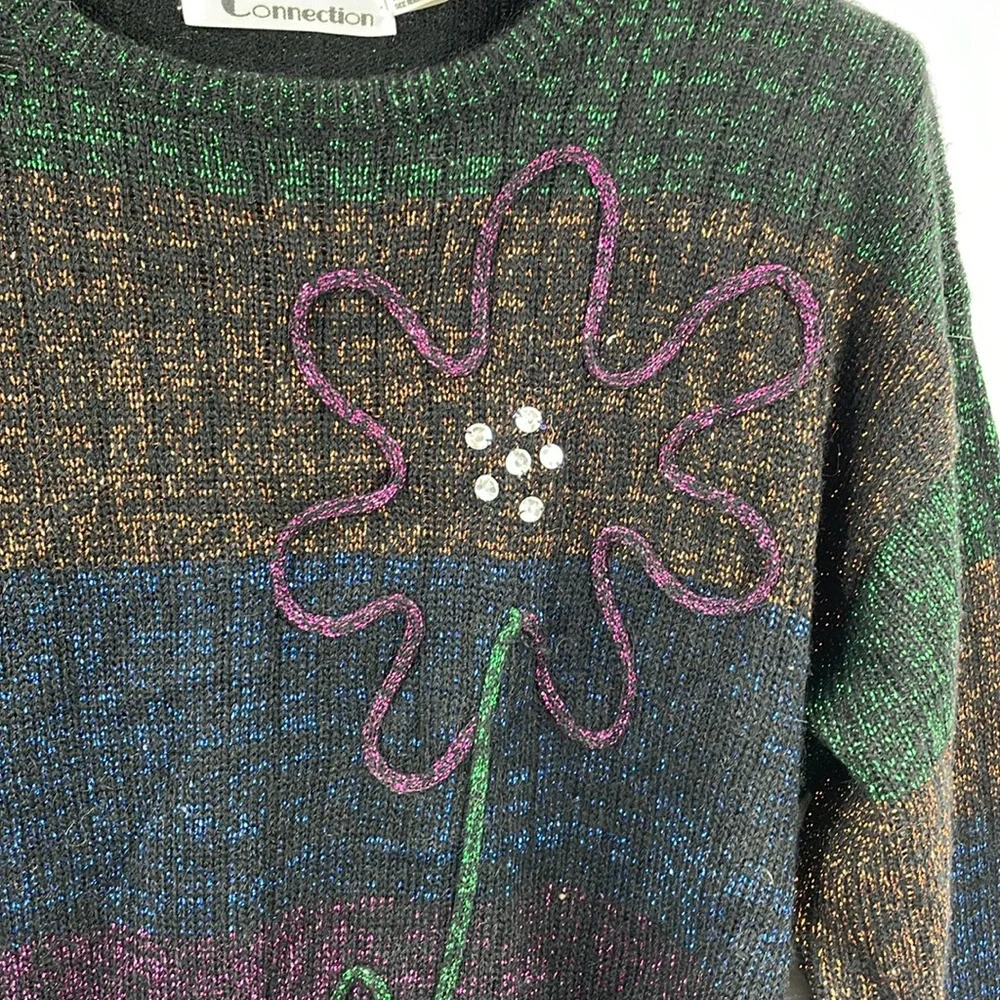 Vintage metallic multicolored daisy flower bling sweater Size Medium